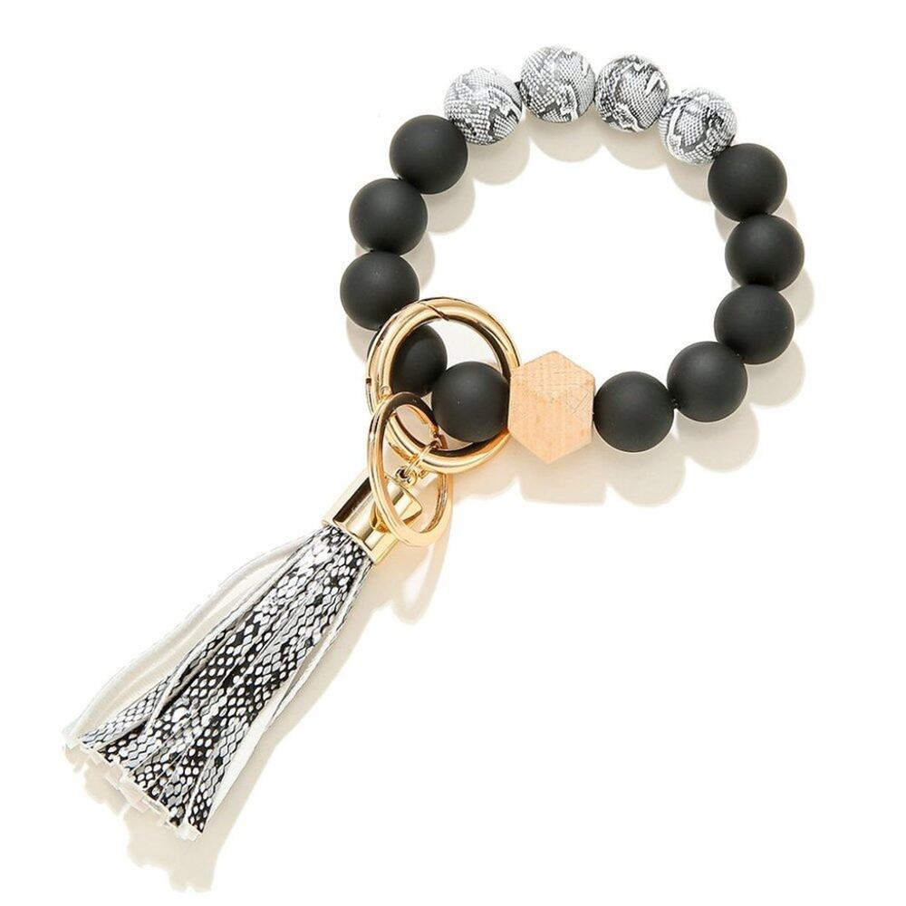 Wooden Animal Print Beaded Bracelet Keychain Purse Charm-Black/White Snake Print
